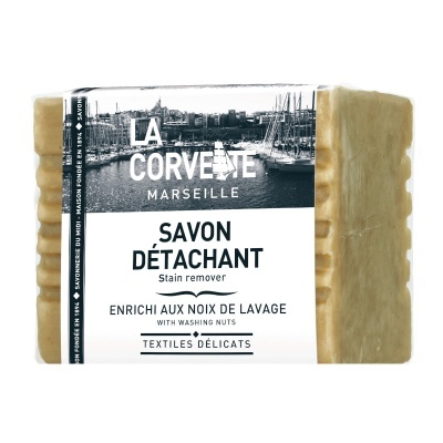 Sabonete em barra LA CORVETTE MARSEILLE para remover manchas, embalagem branca com texto preto.