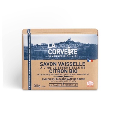 Sabonete para loiça La Corvette com óleo essencial de limão, embalagem castanha e branca