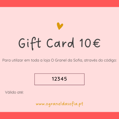 Cartão oferta 10€ rosa com código 12345 e detalhes em preto e laranja
