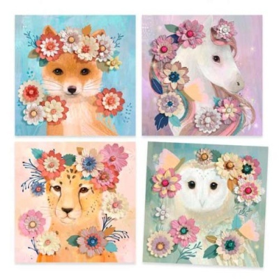 Ilustrações coloridas de animais com flores em fundo pastel