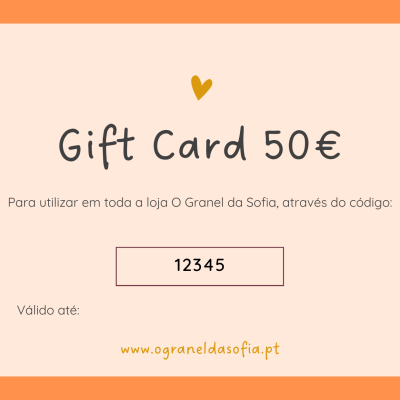 Cartão-presente digital cor de pêssego com texto Gift Card 50€ e código 12345