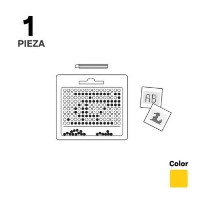 Conjunto de ponto de cruz com caneta, tecido com letras e números, e indicação de cor amarela.