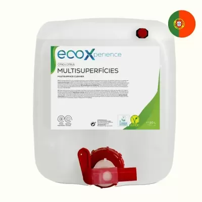 Recipiente branco com válvula vermelha e etiqueta ecoXperience MULTISUPERFÍCIES