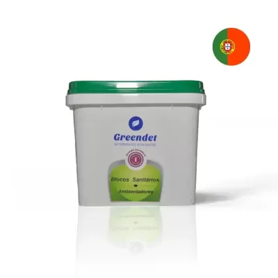 Recipiente branco com tampa verde da marca Greendet com texto e bandeira de Portugal.