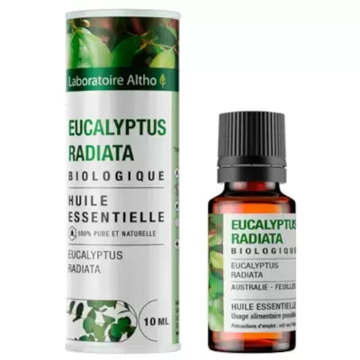 Frasco de óleo essencial Eucalyptus Radiata Biologique com embalagem cilíndrica branca e rótulo verde