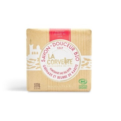 Sabão em barra La Corvette Douceur Bio em embalagem castanha com detalhes vermelhos e brancos
