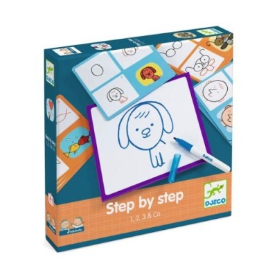 Jogo educativo Step by Step para aprender a desenhar com quadro branco e cartas.