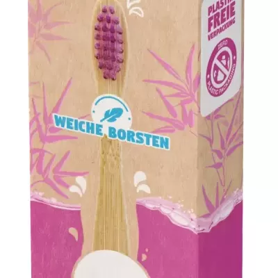 Embalagem rosa e bege de escova de dentes para crianças com ilustração de panda