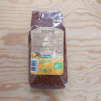 Pacote transparente de quinoa vermelha Próvida com etiqueta amarela e texto em português