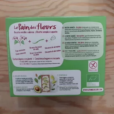 Embalagem verde de Le Pain des Fleurs com textos e instruções em várias línguas