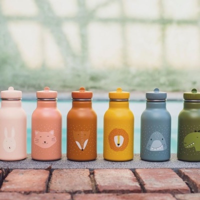 Seis garrafas de água coloridas com desenhos de animais alinhadas em superfície de tijolos junto a uma piscina