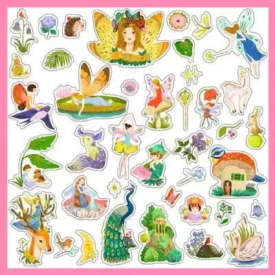 Autocolantes coloridos com fadas, animais e flores em estilo fantasia