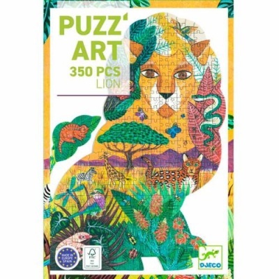 Caixa de puzzle DJECO com imagem de leão colorido e texto PUZZ' ART 350 PCS LION