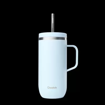 Garrafa térmica azul clara com punho e palhinha metálica