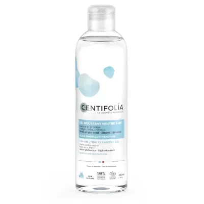 Frasco transparente de gel de limpeza Centifolia com tapa de rosca e rótulo branco e azul