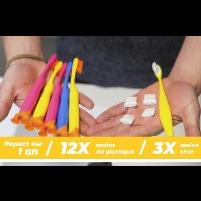 Seis escovas de dentes coloridas e uma escova amarela com cabeças destacadas e texto em francês