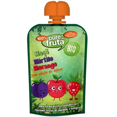Pacote de puré de fruta BIO com tampa laranja e ilustrações de frutas
