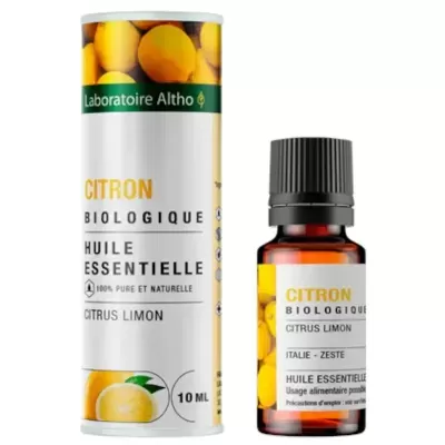 óleo essencial de limão biológico em frasco âmbar com embalagem cilíndrica branca