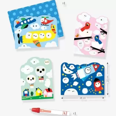 Quatro quadros ilustrados com desenhos infantis e caneta vermelha