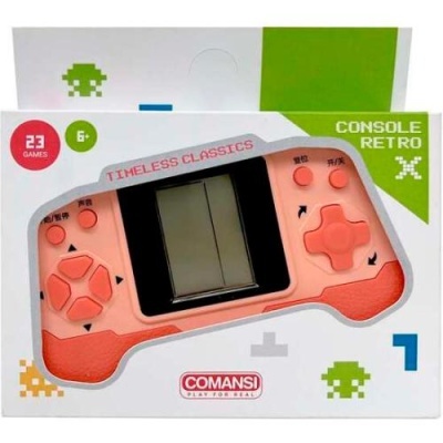 Consola retro portátil coral na caixa branca e verde