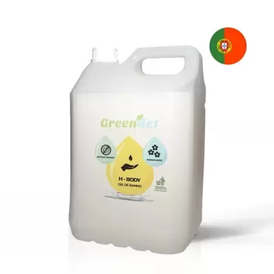 Recipiente plástico branco com gel de banho H-BODY Greendier e ícones antibacteriano e hidratante