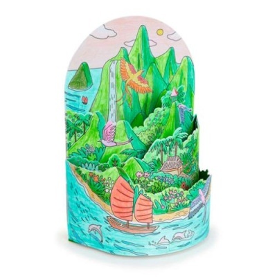 Maqueta colorida de ilha tropical em papel com montanhas, rio, barco e golfinhos, da Djeco.