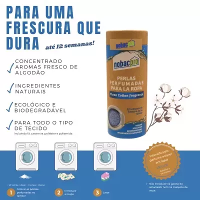 Embalagem de perlas perfumadas nobac pro para roupa, fragrância algodão, texto em azul e laranja