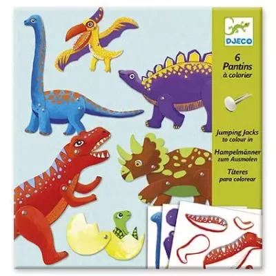 Conjunto Djeco de 6 pantins de dinossauros para colorir