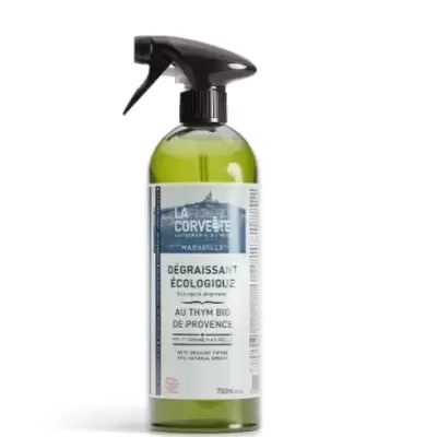 Frasco spray desengordurante ecológico com rótulo branco e pulverizador preto