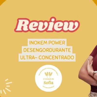 Frasco de desengordurante Inokem Power com texto Review ao lado de mulher sorridente em fundo amarelo