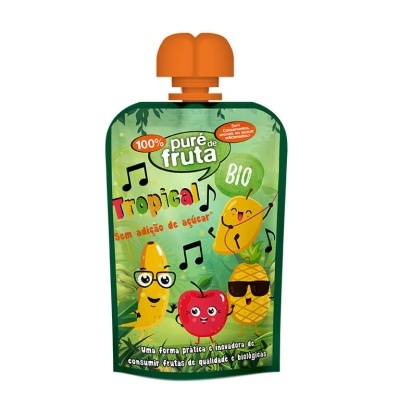 Pacote de puré de fruta 100% BIO sabor Tropical com ilustrações de frutas e texto em português