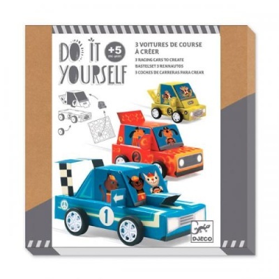 Conjunto para criar 3 carrinhos de corrida de papel com personagens animados