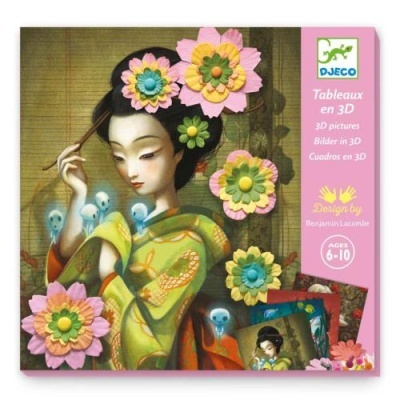 Embalagem de produto Djeco com ilustração de mulher asiática em kimono verde e flores 3D