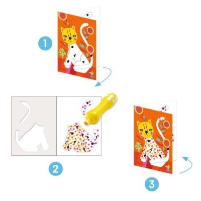 Cartão ilustrado com um gato para pintar com caneta amarela e fundo laranja colorido