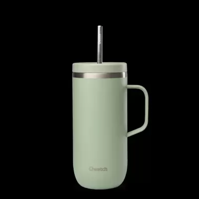 Copo térmico verde claro com asa e palhinha metálica