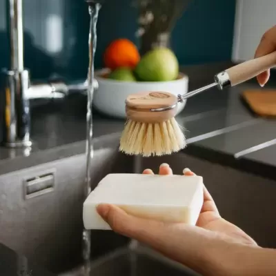 Escova de limpeza com cabo de madeira e bloco esponja branco numa pia de cozinha moderna.