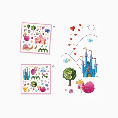 Autocolantes decorativos com castelo, princesa, árvores, corações e flores.