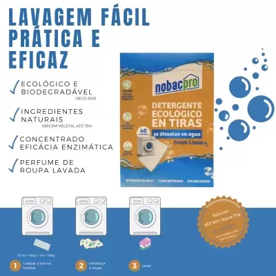 Embalagem laranja e azul de detergente ecológico Nobacpro em tiras com texto e ícones de máquinas de lavar