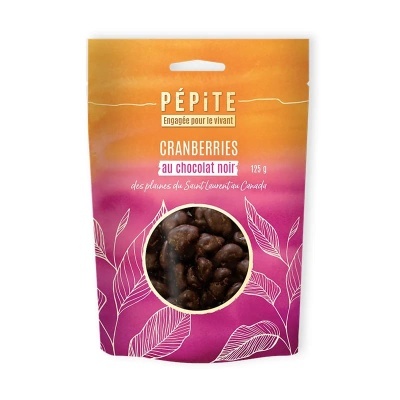 Pacote de cranberries com chocolate negro da marca PÉPITE em embalagem colorida