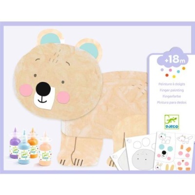 Conjunto de pintura com dedos DJECO para crianças com desenhos de urso e tintas coloridas.