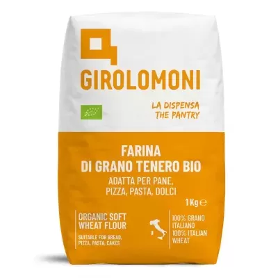 Embalagem de farinha orgânica GIROLOMONI branco e laranja