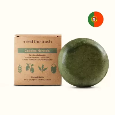 Champô sólido verde com embalagem de cartão castanho