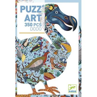 Caixa de puzzle de 350 peças com desenho de dodô azul decorado com padrões florais e aves coloridas.