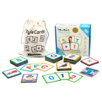 Conjunto de cartas educativas coloridas com letras, números e imagens, saco de algodão e caixa de embalagem.