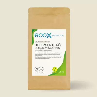 Pacote de detergente em pó para máquina de loiça ecoxperience, embalagem castanha com etiqueta branca e verde