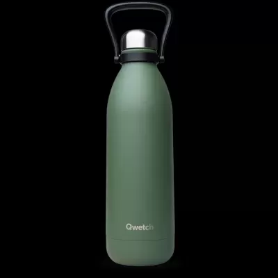 Garrafa térmica Qwetch verde com tampa metálica e pega preta
