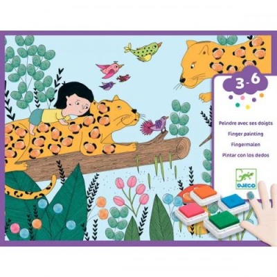 Jogo de pintura a dedo com criança, onça-pintada e tintas de várias cores