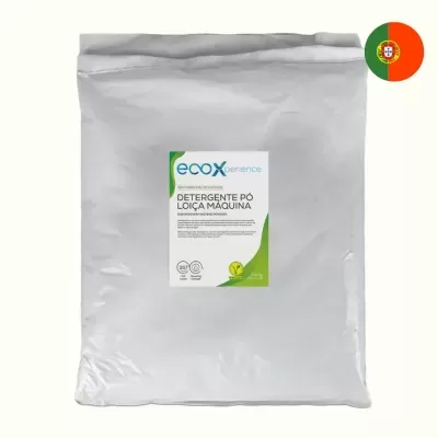 Saco branco de detergente em pó para máquina de loiça ecox com etiqueta verde e branca