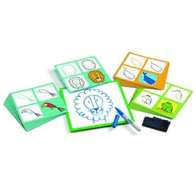 Jogo educativo de cartas e quadro branco com desenhos de animais