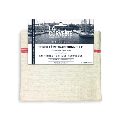 Pano tradicional de microfibra reciclada para limpeza com embalagem e texto em francês e inglês